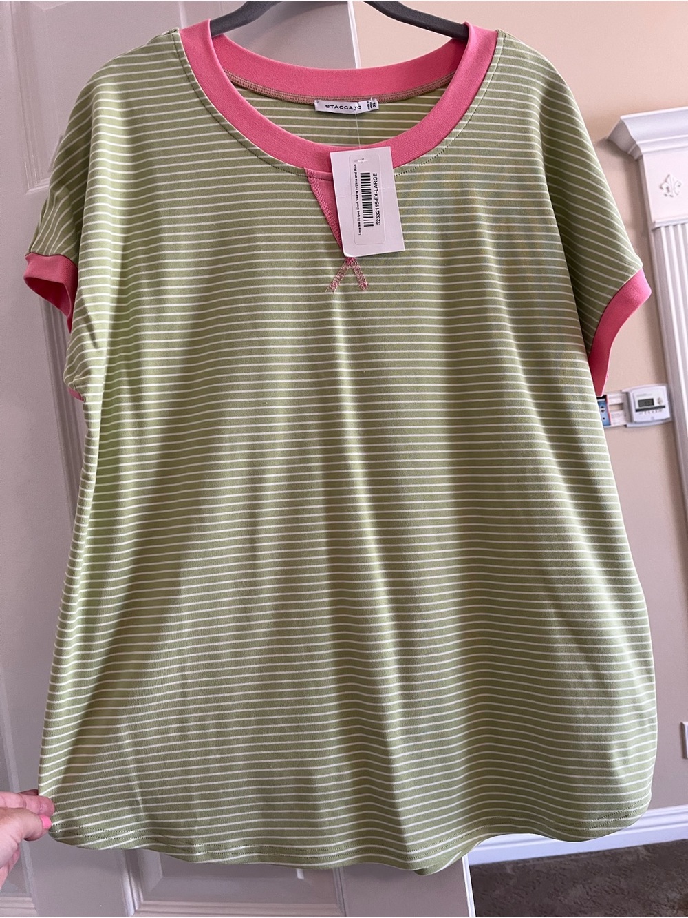 Stacacato Soft Green Stripe Tee with Pink Trim